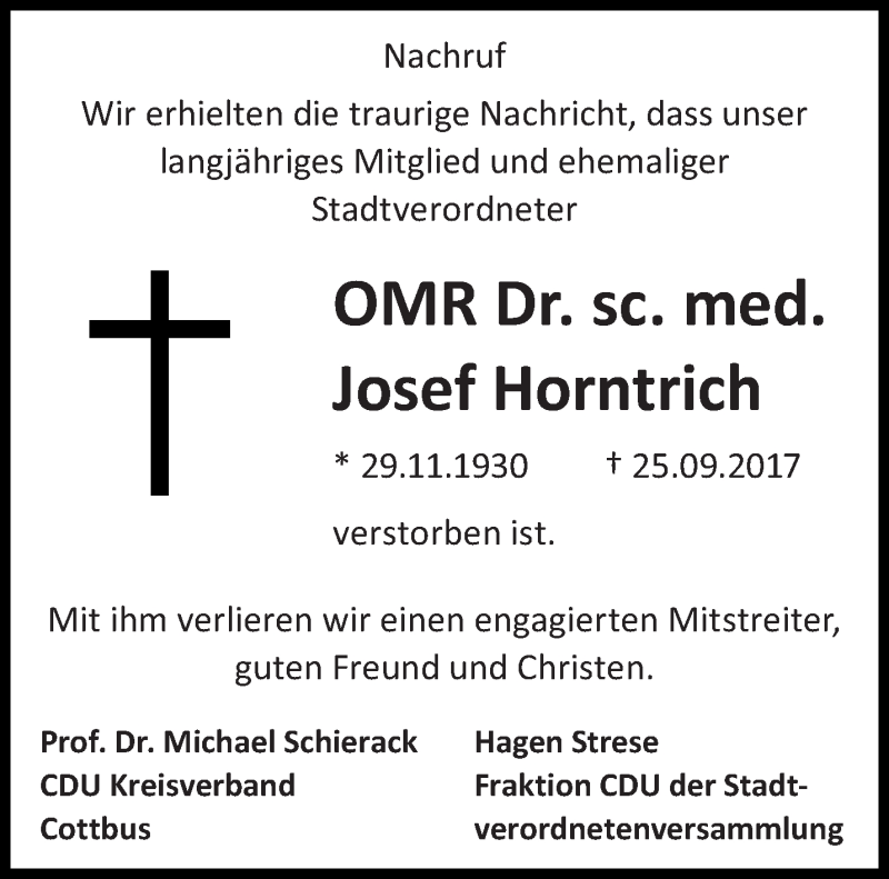  Traueranzeige für Josef Horntrich vom 30.09.2017 aus lausitzer_rundschau