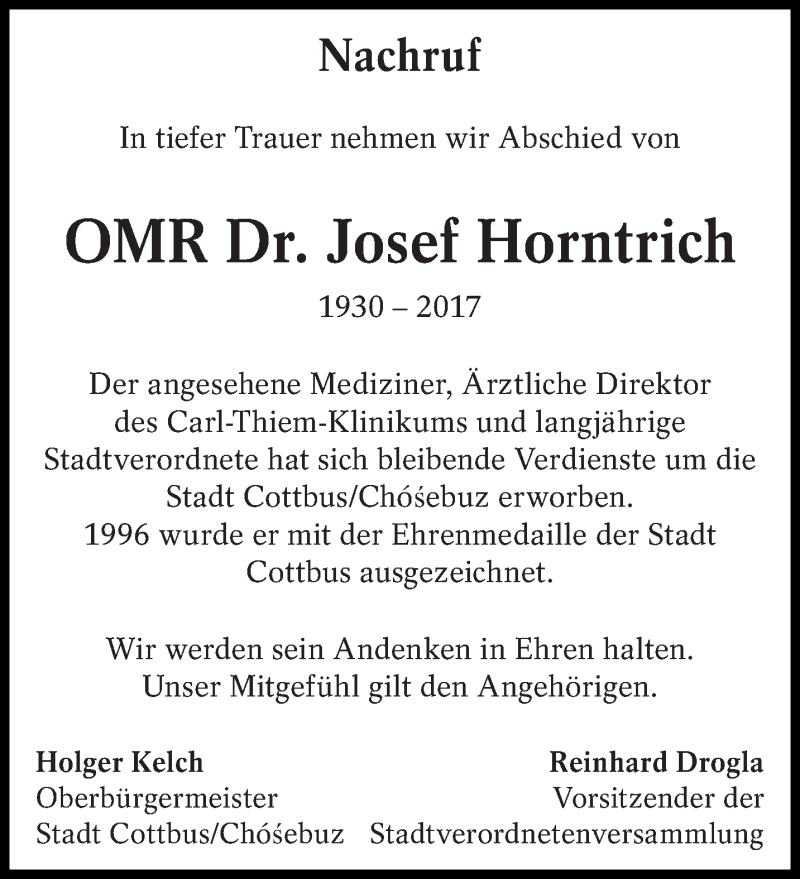  Traueranzeige für Josef Horntrich vom 04.10.2017 aus lausitzer_rundschau