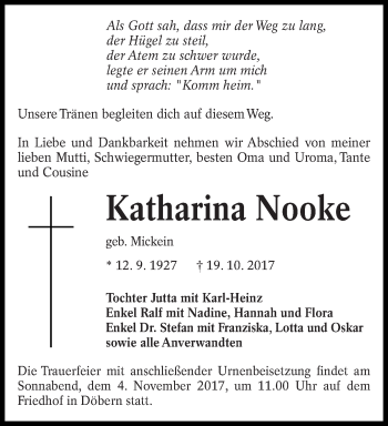 Traueranzeige von Katharina Nooke von lausitzer_rundschau