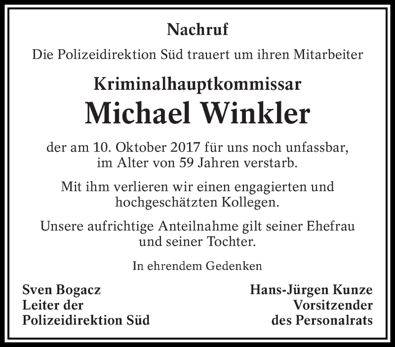  Traueranzeige für Michael Winkler vom 14.10.2017 aus lausitzer_rundschau