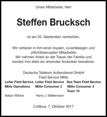 Traueranzeige von Steffen Brucksch von lausitzer_rundschau