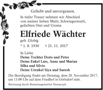 Traueranzeige von Elfriede Wächter von lausitzer_rundschau