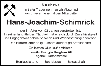 Traueranzeige von Hans-Joachim Schimrick von lausitzer_rundschau