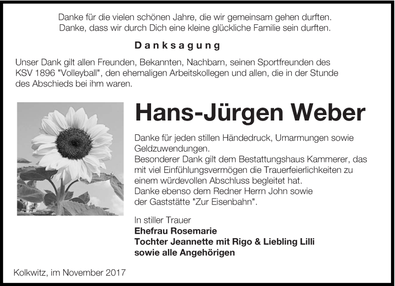  Traueranzeige für Hans-Jürgen Weber vom 11.11.2017 aus lausitzer_rundschau