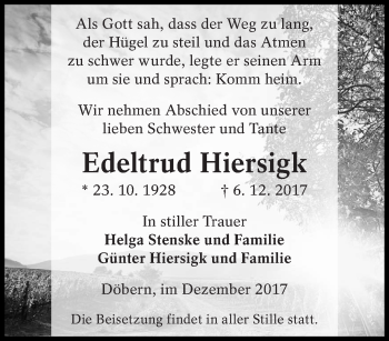 Traueranzeige von Edeltrud Hiersigk von lausitzer_rundschau
