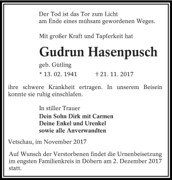 Traueranzeige von Gudrun Hasenpusch von lausitzer_rundschau