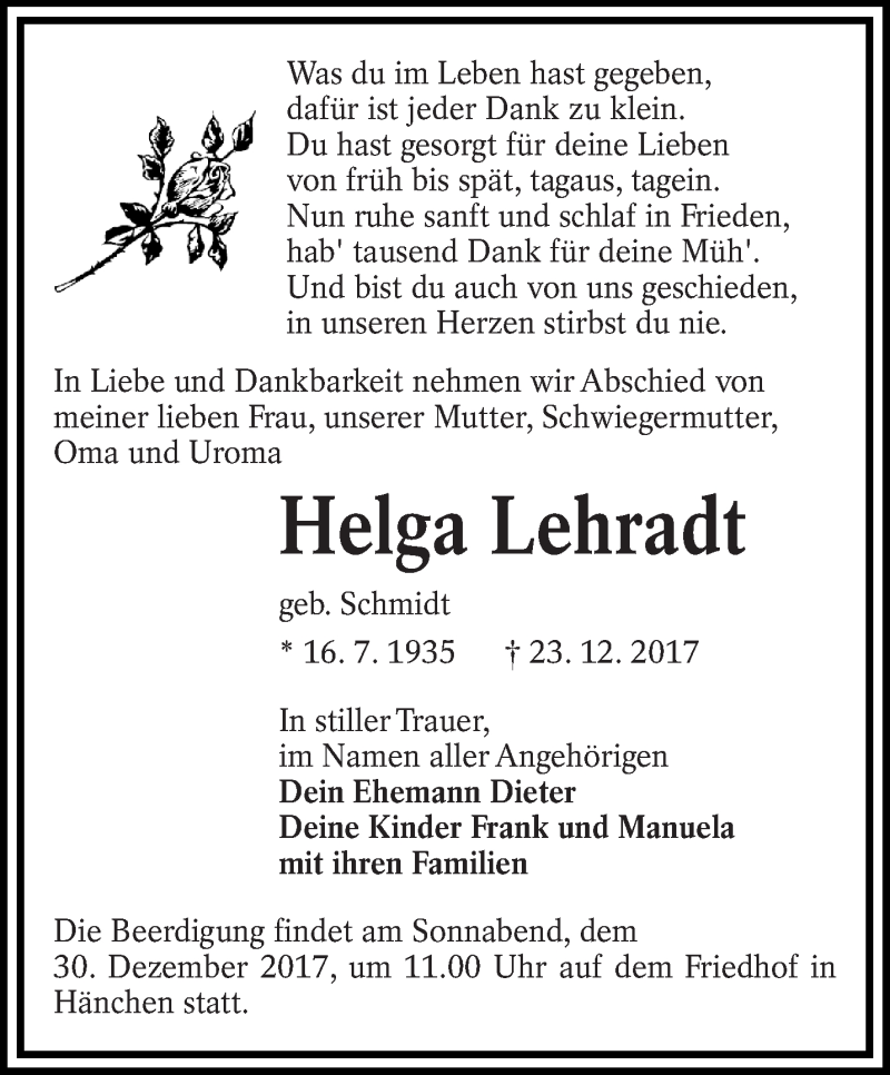  Traueranzeige für Helga Lehradt vom 28.12.2017 aus lausitzer_rundschau