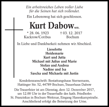 Traueranzeige von Kurt Dabow von lausitzer_rundschau