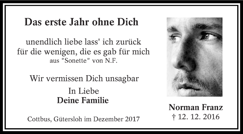  Traueranzeige für Norman Franz vom 16.12.2017 aus lausitzer_rundschau
