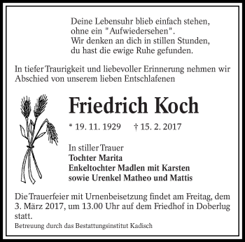 Traueranzeige von Friedrich Koch von lausitzer_rundschau