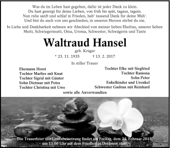 Traueranzeige von Waltraud Hansel von lausitzer_rundschau