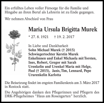 Traueranzeige von Maria Ursula Brigitte Murek Murek von lausitzer_rundschau
