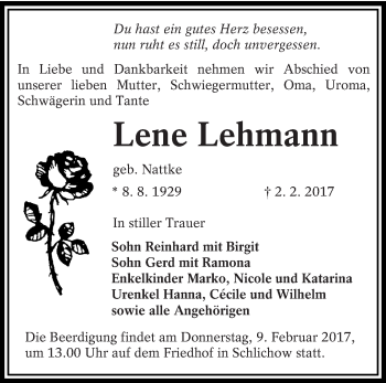 Traueranzeige von Lene Lehmann von lausitzer_rundschau