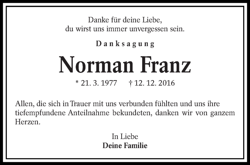 Traueranzeige für Norman Franz vom 11.02.2017 aus lausitzer_rundschau