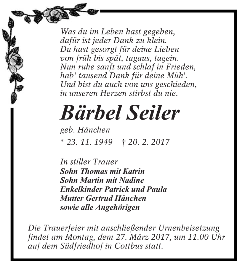  Traueranzeige für Bärbel Seiler vom 25.02.2017 aus lausitzer_rundschau