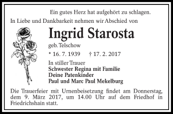 Traueranzeige von Ingrid Starosta von lausitzer_rundschau
