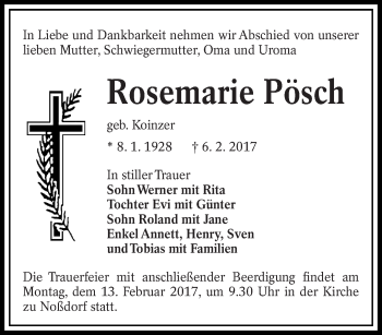 Traueranzeige von Rosemarie Pösch von lausitzer_rundschau