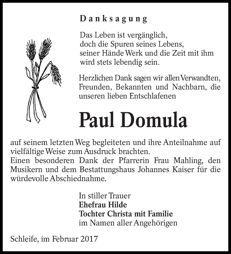  Traueranzeige für Paul Domula vom 18.02.2017 aus lausitzer_rundschau