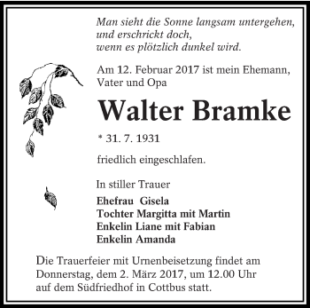 Traueranzeige von Walter Bramke von lausitzer_rundschau