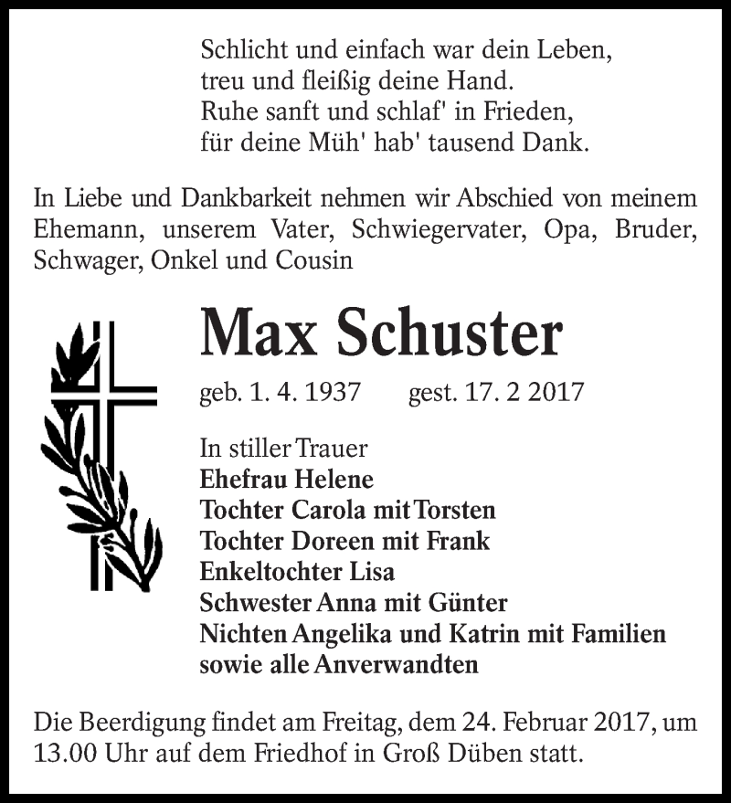  Traueranzeige für Max Schuster vom 22.02.2017 aus lausitzer_rundschau