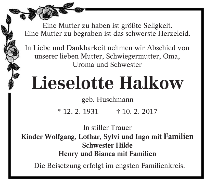  Traueranzeige für Lieselotte Halkow vom 15.02.2017 aus lausitzer_rundschau