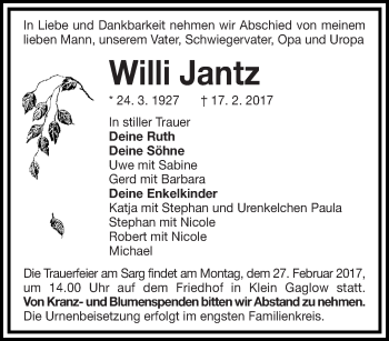 Traueranzeige von Willi Jantz von lausitzer_rundschau
