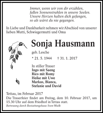 Traueranzeige von Sonja Hausmann von lausitzer_rundschau
