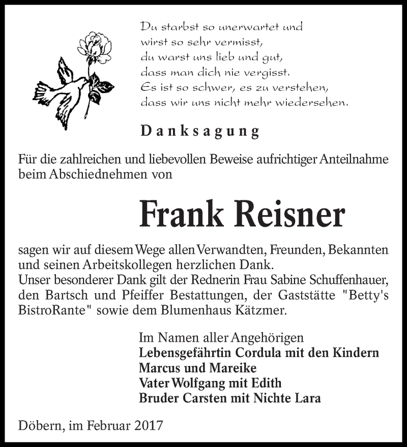  Traueranzeige für Frank Reisner vom 11.02.2017 aus lausitzer_rundschau