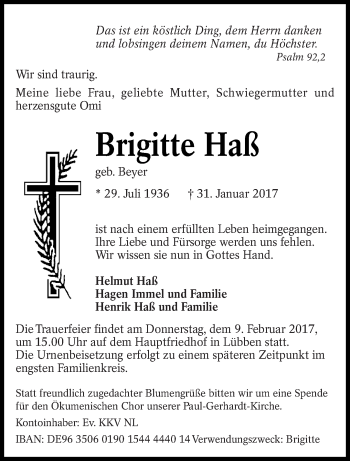 Traueranzeige von Brigitte Haß von lausitzer_rundschau