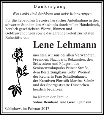 Traueranzeige von Lene Lehmann von lausitzer_rundschau
