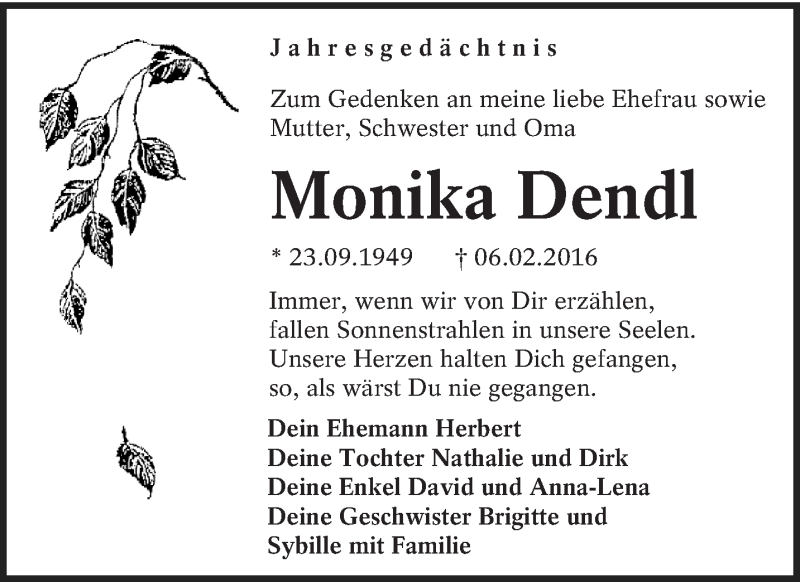  Traueranzeige für Monika Dendl vom 06.02.2017 aus lausitzer_rundschau
