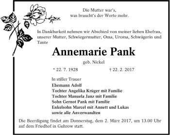 Traueranzeige von Annemarie Pank von lausitzer_rundschau