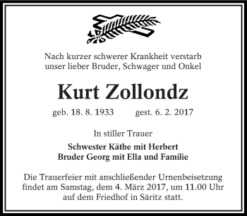Traueranzeige von Kurt Zollondz von lausitzer_rundschau