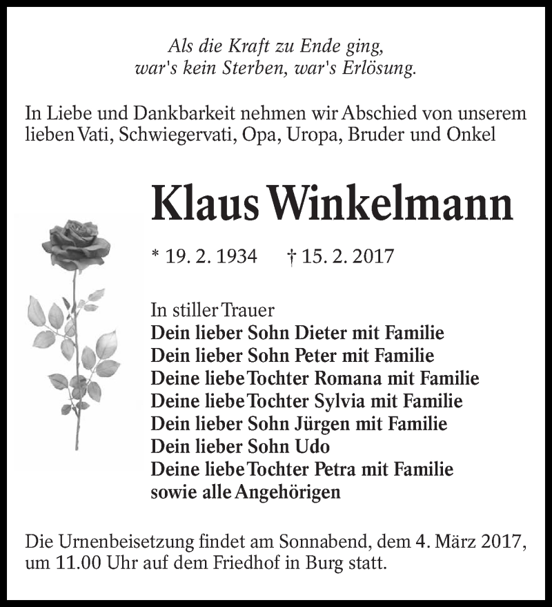  Traueranzeige für Klaus Winkelmann vom 25.02.2017 aus lausitzer_rundschau