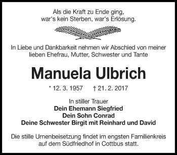 Traueranzeige von Manuela Ulbrich von lausitzer_rundschau