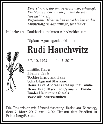 Traueranzeige von Rudi Hauchwitz von lausitzer_rundschau