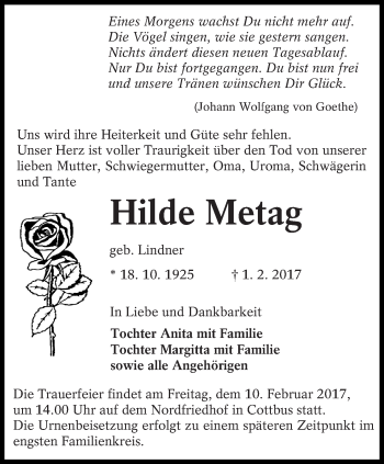 Traueranzeige von Hilde Metag von lausitzer_rundschau