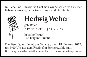Traueranzeige von Hedwig Weber von lausitzer_rundschau