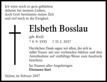 Traueranzeige von Elsbeth Bosslau von lausitzer_rundschau