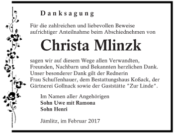 Traueranzeige von Christa Mlinzk von lausitzer_rundschau