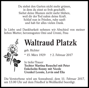 Traueranzeige von Waltraud Platzk von lausitzer_rundschau