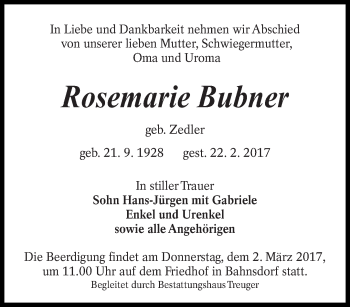 Traueranzeige von Rosemarie Bubner von lausitzer_rundschau