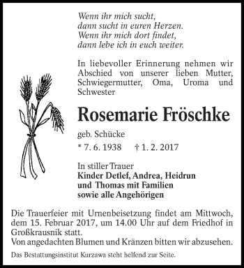 Traueranzeige von Rosemarie Fröschke von lausitzer_rundschau