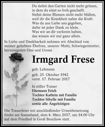 Traueranzeige von Irmgard Frese von lausitzer_rundschau