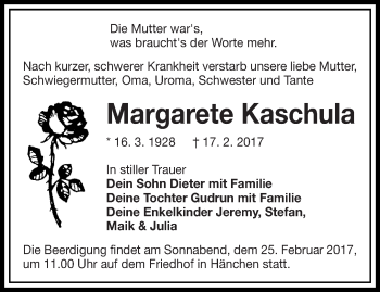 Traueranzeige von Margarete Kaschula von lausitzer_rundschau