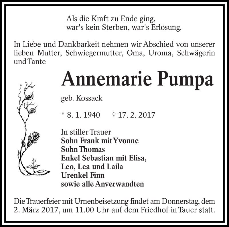  Traueranzeige für Annemarie Pumpa vom 25.02.2017 aus lausitzer_rundschau