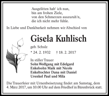 Traueranzeige von Gisela Kuhlisch von lausitzer_rundschau