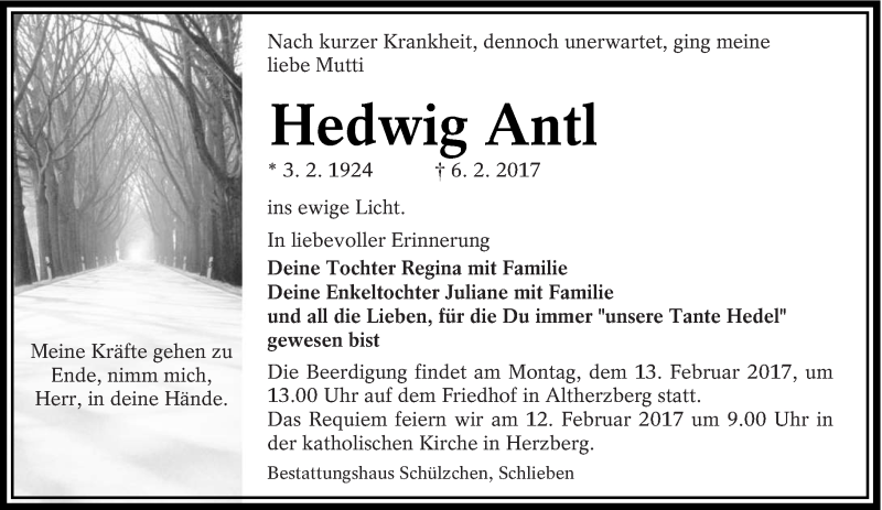  Traueranzeige für Hedwig Antl vom 11.02.2017 aus lausitzer_rundschau