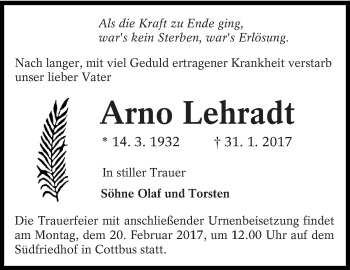 Traueranzeige von Arno Lehradt von lausitzer_rundschau
