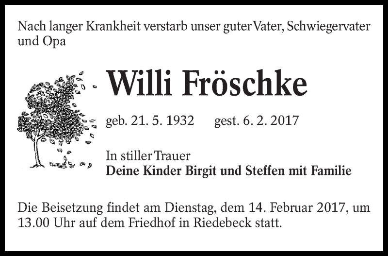  Traueranzeige für Willi Fröschke vom 09.02.2017 aus lausitzer_rundschau
